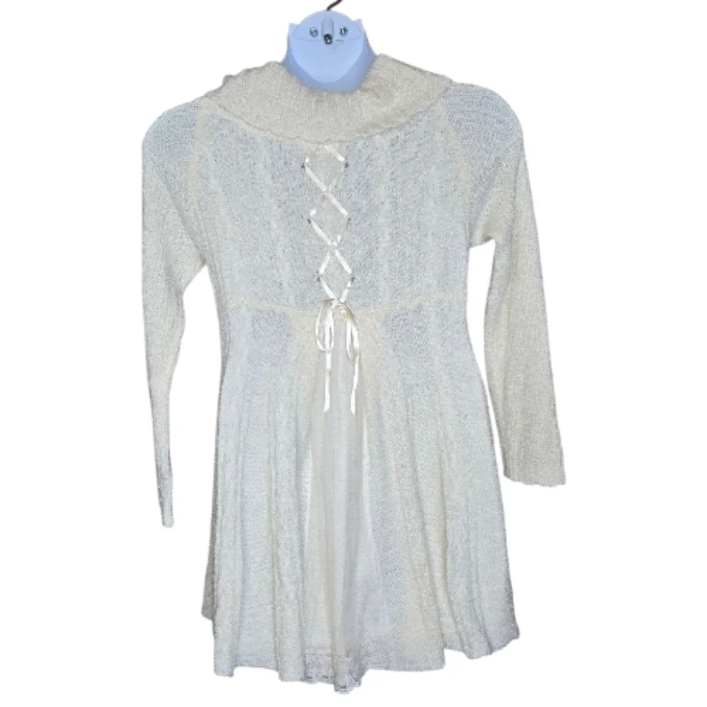 AXES FEMME ivory corset back lace ip design‎ knit sweater tunic top M